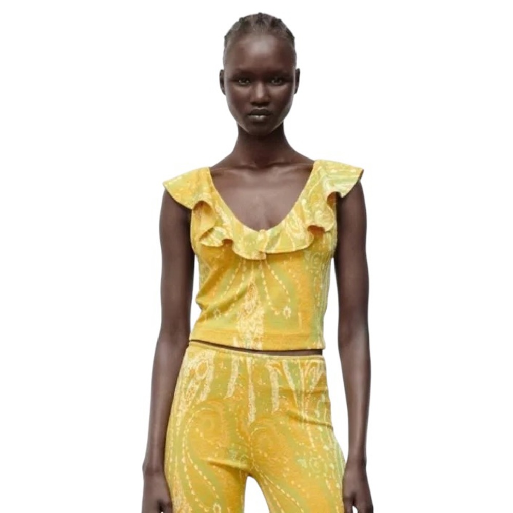 ZARA Sleeveless Cropped Ruffle Top in Paisley Brocade Print, NWT Size Small